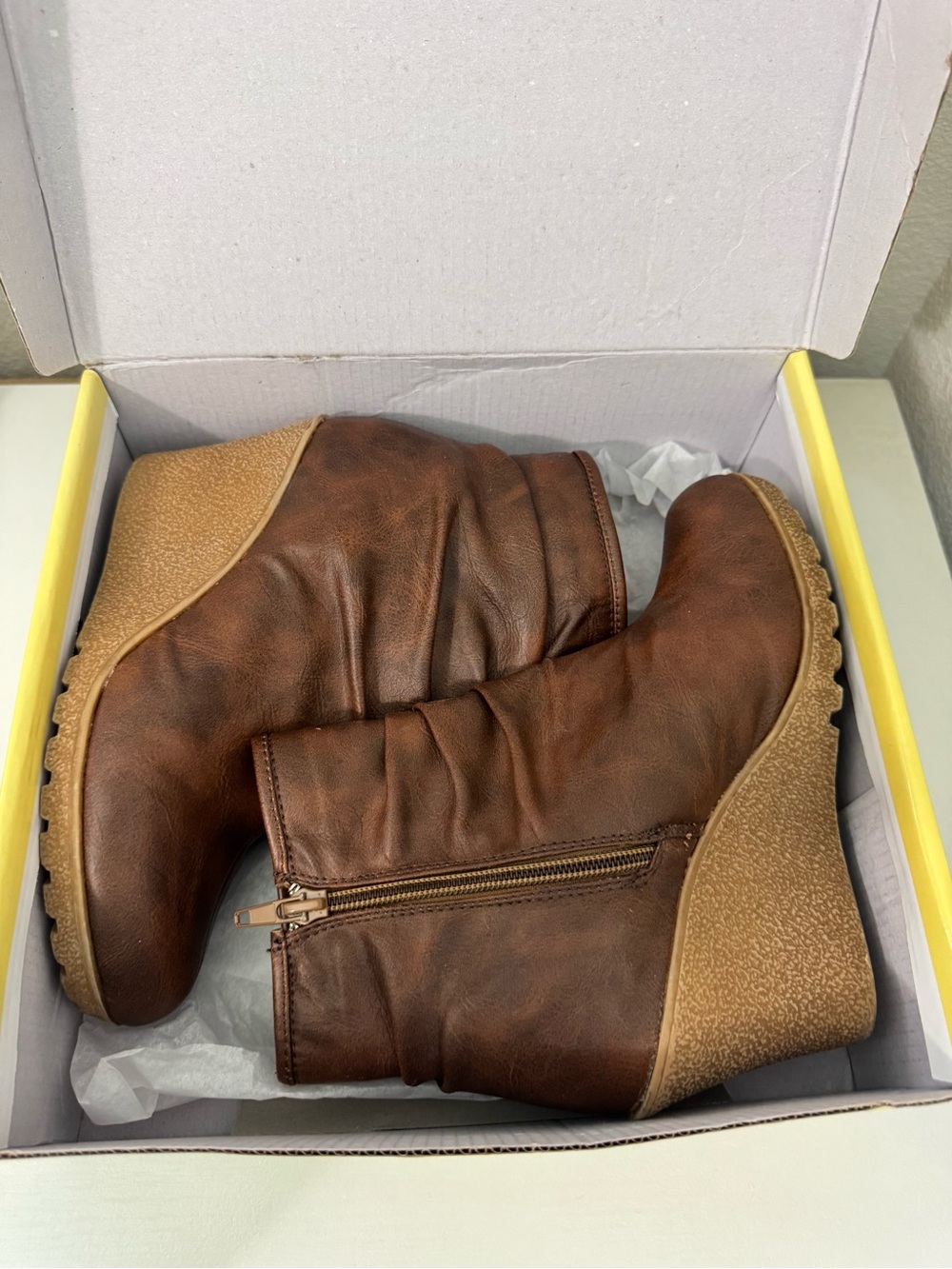 Cathy Jean Brown Slouch Wedge Ankle Boots (Size 5.5)